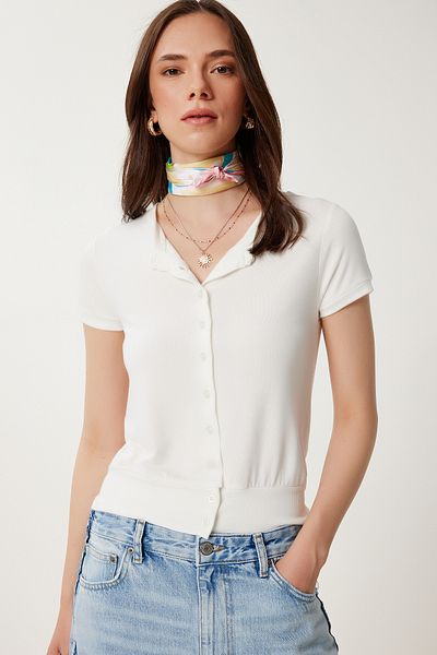 Happiness İstanbul Ecru Damen V-Ausschnitt Saisonale Strickbluse UB00386