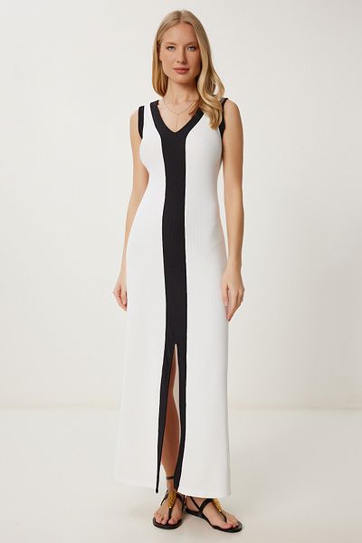 Happiness İstanbul Women's White Black Contrast Color Stretchy Ribbed Knitted Dress Fw00012
