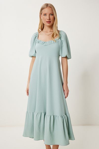 Happiness İstanbul Women's Green Flounced Summer Crinkle Knitted Dress Fk00014