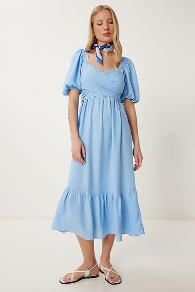 Happiness İstanbul Rochie de vară din in pentru femei, albastru deschis, cu detaliu de șireturi FK00021