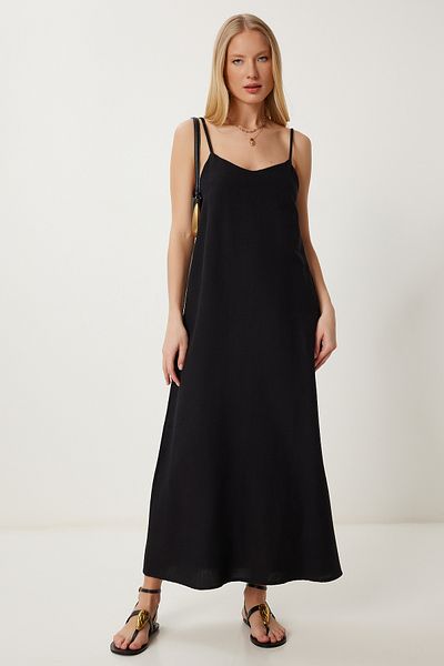 Happiness İstanbul Schwarzes Leinen-Mix-Sommerkleid für Damen mit Trägern HF00474