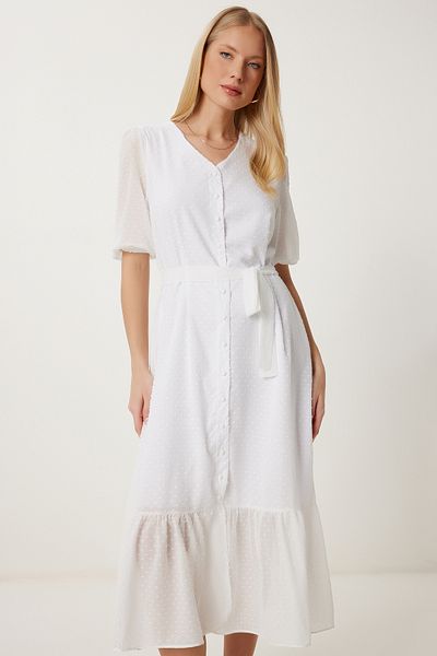 Happiness İstanbul Women's White Polka Dot Textured Midi Woven Dress Nt00439