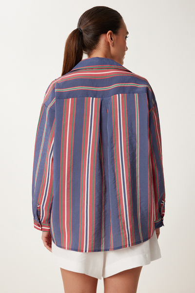 Happiness İstanbul Dámská námořnická modrá klaretová červená pruhovaná splývavá košile DP00246