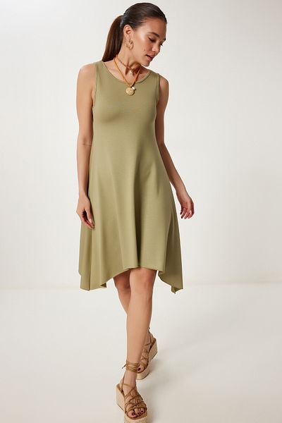 Happiness İstanbul Women's Olive Green Asymmetrical Cut Summer Knitted Dress Zv00304