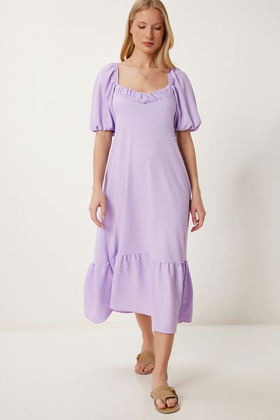 Happiness İstanbul Women's Lilac Flounced Summer Crinkle Knitted Dress Fk00014