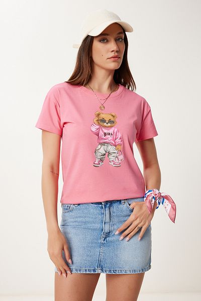 Happiness İstanbul Women's Pink Stone Detailed Teddy Bear Printed Knitted T-Shirt Bw00001