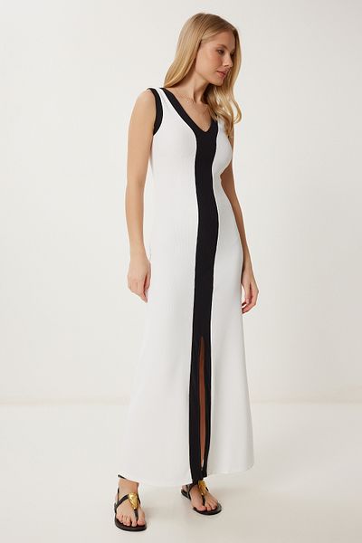 Happiness İstanbul Women's White Black Contrast Color Stretchy Ribbed Knitted Dress Fw00012