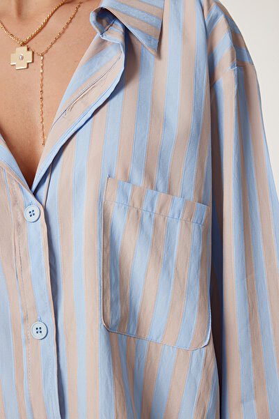 Happiness İstanbul Dámská modrá pruhovaná viskózová košile US00966