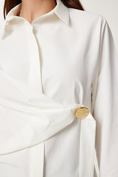 Happiness İstanbul Kadın Kemik Altın Aplikeli Poplin Gömlek US00975