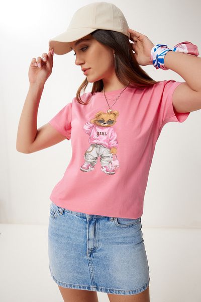 Happiness İstanbul Women's Pink Stone Detailed Teddy Bear Printed Knitted T-Shirt Bw00001
