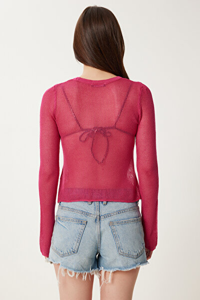 Happiness İstanbul Γυναικεία Σκούρο Ροζ Διαφανή Εύκαμπτα Πλεκτά Διχτυωτή Μπλούζα NS00426