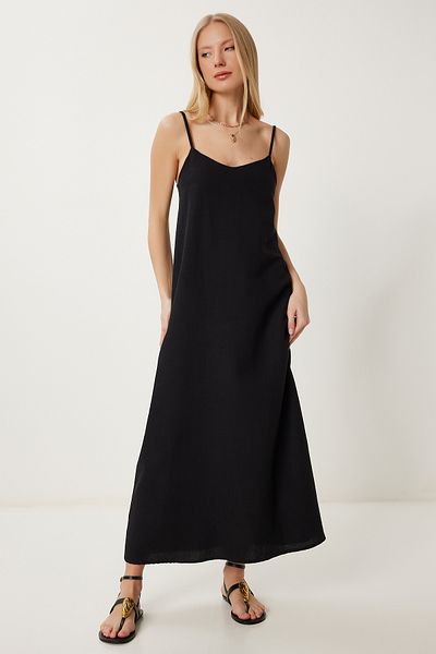 Happiness İstanbul Schwarzes Leinen-Mix-Sommerkleid für Damen mit Trägern HF00474