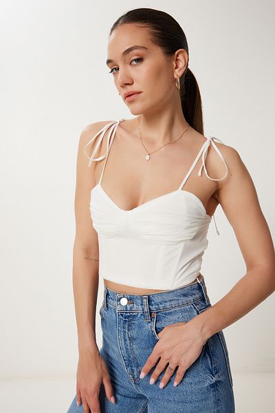Happiness İstanbul Ecru Damen Baumwolle Crop Bustier mit gerafften Details NS00427