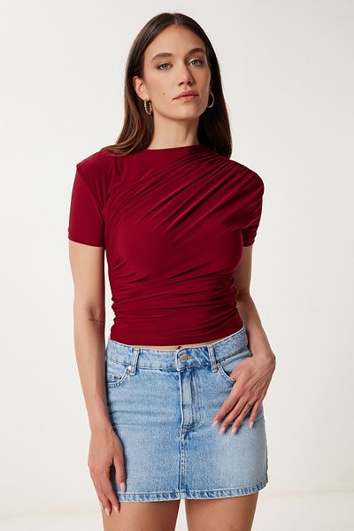 Happiness İstanbul Burgunderrote geraffte Sandy-Strickbluse für Damen FF00172