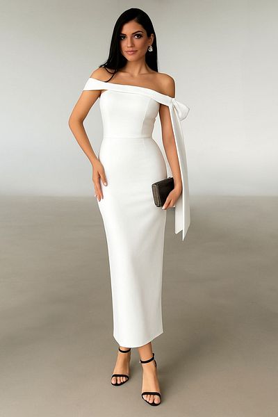 Trendyol Collection White Body Fitted Shoulder Bow Detail Knitted Stylish Evening Dress Night Graduation Dress Tprss25El00293
