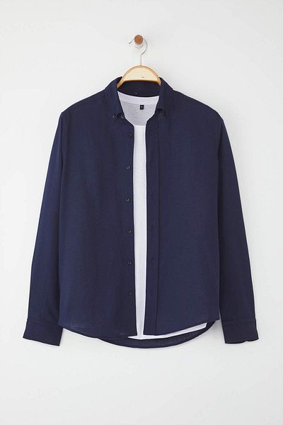 Trendyol Collection Blue Regular Fit Linen Blended Men's Shirt Tmnss25Go00082