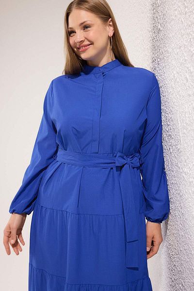 Trendyol Modest Large Size Saks Belted Judge Collar Button Detail Woven Dress Tctss25Eb00150