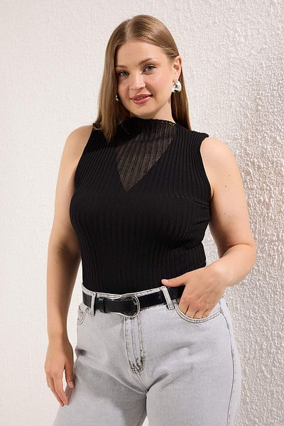 Trendyol Curve Black Upright Collar Transparent Detailed Knitwear Slim Blouse Tbbss25Af00116