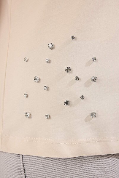 Trendyol Curve Béžové pletené tričko Crew Neck Stone ze 100% bavlny TBBSS23BF00041