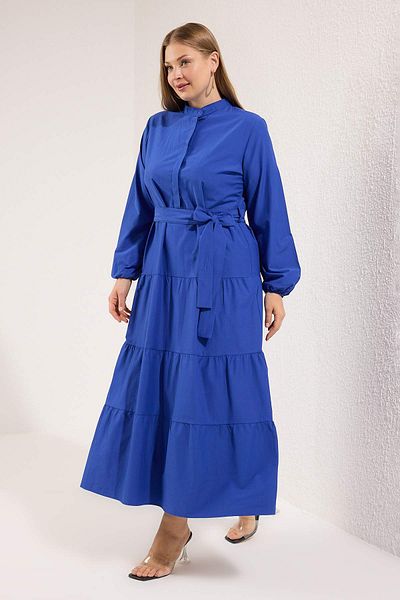 Trendyol Modest Large Size Saks Belted Judge Collar Button Detail Woven Dress Tctss25Eb00150