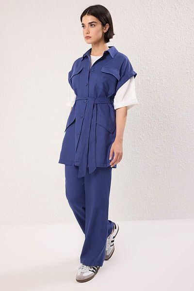 Trendyol Modest Navy Blue Linen Look Girdle Detailed Vest-Pants Woven Top and Bottom Set Tctss25Us00025