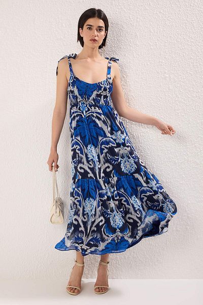 Trendyol Collection Navy Blue Paisley Pattern Skirt Waist Opening Gipeli Maxi Woven Dress Twoss25El00710