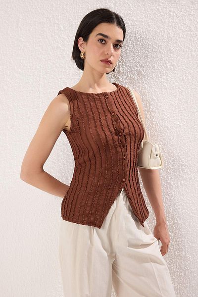 Trendyol Collection Brown Knitwear Look Regular/Normal Fit Knitted Blouse Twoss25Bz00385