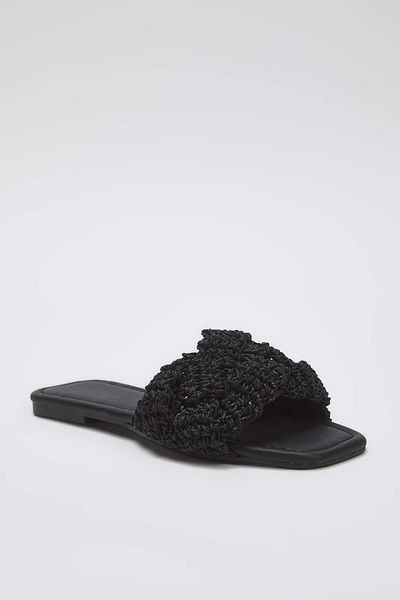 TRENDYOL SHOES Černé slaměné pletené dámské slaměné pantofle TAKSS25TE00030