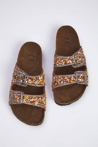 TRENDYOL SHOES Brown Beaded Double Band Women's Slippers Takss25Te00039