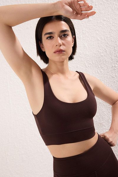 Trendyol Collection Brown Brushed Soft Fabric Backing/Shape Printed Knitted Sports Bra Thmss24Ss00008