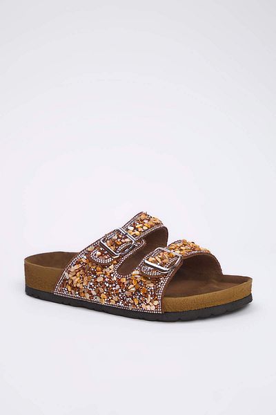 TRENDYOL SHOES Brown Beaded Double Band Women's Slippers Takss25Te00039