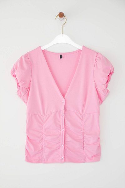 Trendyol Collection Pink Cotton Shirred Button V-Neck Bodycon Super Stretch Knitted Blouse Twoss25Bz00563