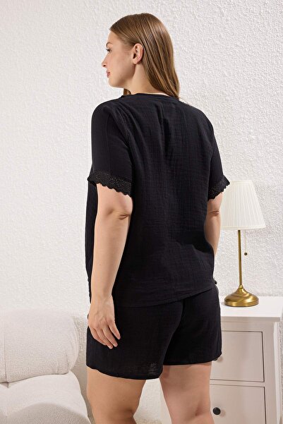 Trendyol Curve Muslin Woven - Black Lace Detail Pajamas Set Tbbss25Ai00076
