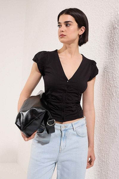 Trendyol Collection Black Cotton Shirred Button V-Neck Bodycon Super Stretch Knitted Blouse Twoss25Bz00563