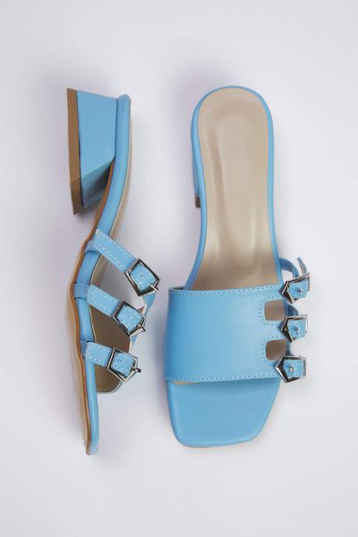 TRENDYOL SHOES Baby Blue Gold Buckle Block Heel Women Heels Slippers Takss25To00036