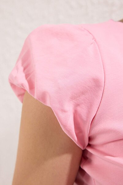 Trendyol Collection Pink Cotton Shirred Button V-Neck Bodycon Super Stretch Knitted Blouse Twoss25Bz00563