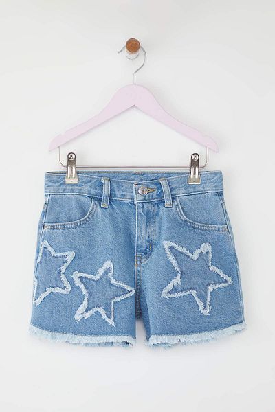 TRENDYOLKIDS Light Blue Girls 100% Cotton Star Detail Elastic Denim Shorts & Bermuda Tkdss25Sr00035