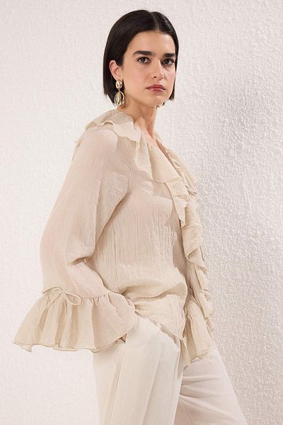Trendyol Collection Beige Ruffled Bohemian Thin Cotton Fabric Long Sleeve Woven Blouse Twoss25Bz00551