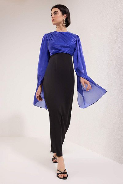 Trendyol Collection Βραδινό φόρεμα Navy Blue Glitter Color Block Special Day TCTSS25DB00022