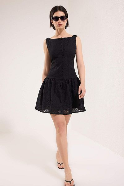 Trendyol Collection Limited Edition Black Skirt Waist Opening Button Detail Brode Mini Woven Dress Twoss25El00521