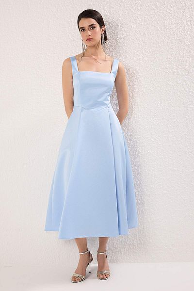 Trendyol Collection Light Blue A-Line Satin Woven Stylish Evening Dress Night Homecoming Dress Tpraw25El00040