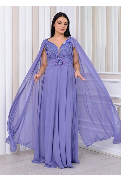 Robes Wide Cut Chiffon Evening Dress - Rose Motif, Cape Sleeve Detail