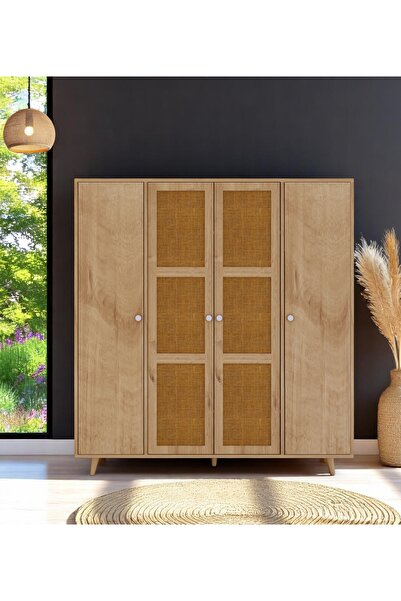 FLORADESİGN Bali Bohem Jüt 4 Kapaklı Gardırop /jüt Mdf Kapaklı Elbise Dolabı 160cm