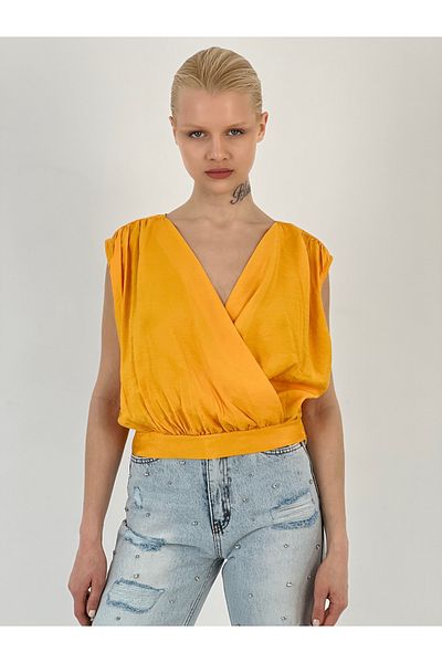 So Sweet Women's Orange Blouse with Zero Sleeve Elastic Waist
