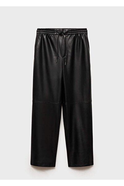 MANGO Woman Deri görünümlü beli elastik pantolon