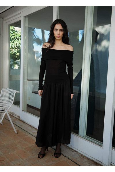 MANGO Woman Combined Fabric Off-The-Shoulder Dress