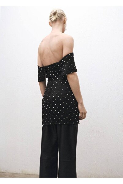 MANGO Woman Parlak aplikeli straplez elbise