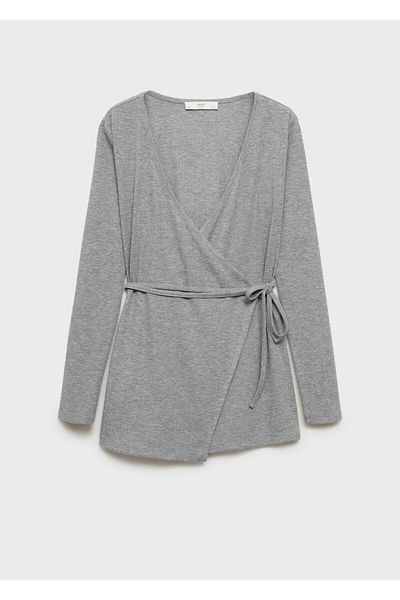 MANGO Woman Ribbed Tie Detailed Cardigan