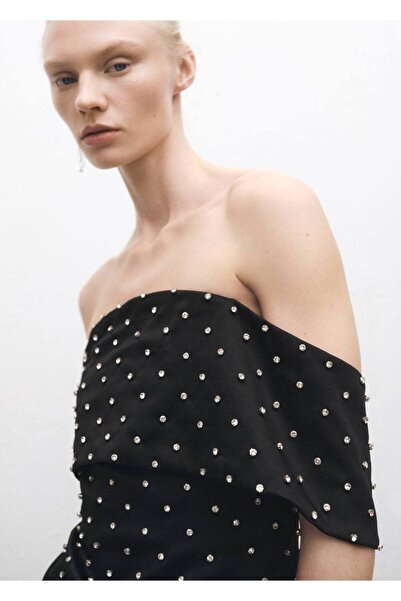 MANGO Woman Parlak aplikeli straplez elbise