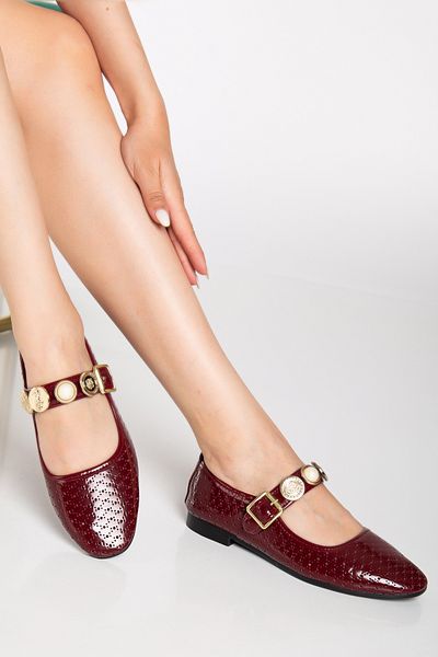 Genetti Keilly Large Stone Buckle Detailed Burgundy Patent Leather Full Mold Daily Women's Ballerinas